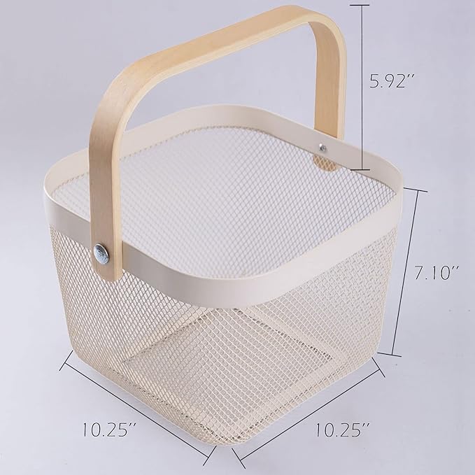 IBWell Square Metal Wire Woven Fruit Storage Bowl Basket with Wooden Handle, Large Black Mesh Fruit Stand, Multi-function Hanging Kitchen Baskets (White, Normal)