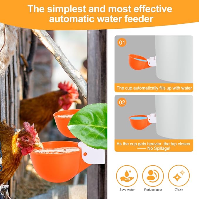 Chicken Waterer Cups (16 Pack/Orange) - DIY Automatic Large Chicken Water Feeder for Ducks Quail and Various Poultry Dispenser with Matching Drill, Double Rubber Ring, Not Leaking Wate