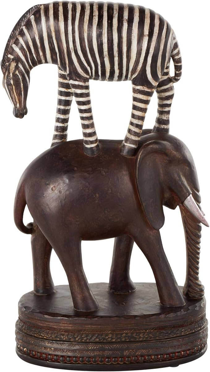 Deco 79 Polystone Safari Animals Decorative Sculpture Stacked Home Decor Statue with Round Base, Accent Figurine 9" x 5" x 16", Multi Colored