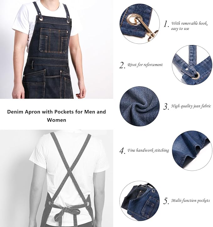 Denim Apron with Multi Pockets for Kitchen, Cooking, BBQ & Gardening