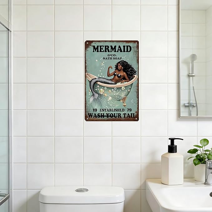 Funny Mermaid Sign Company Bath Soap Metal Signs Wash Your Tail Mermaid Wall Decor Retro Poster for Room Living Room Bathroom Toilet Hotel 12x8 Inch