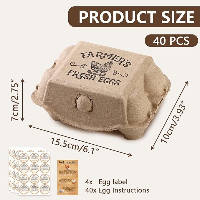40 Pack Egg cartons 2x3 Style Half dozen egg cartons Bulk 6 Count Reusable Paper pulp egg storage tray Sturdy egg containers with instruction cards and stickers for Family Farm Market