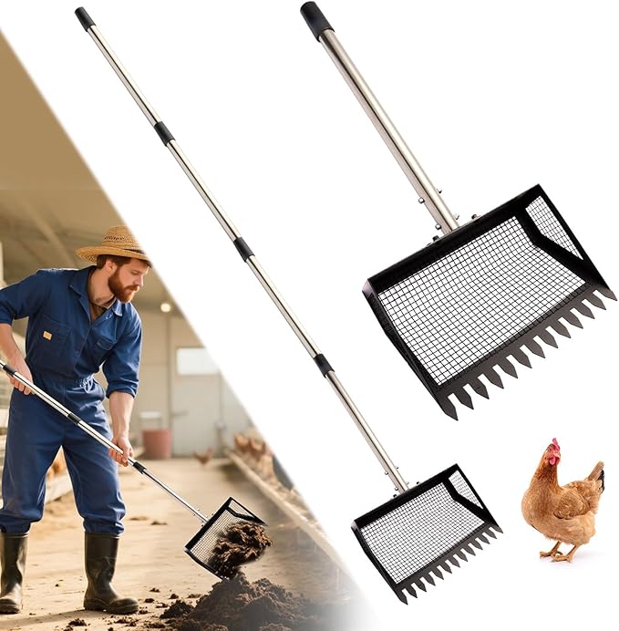 Chicken Poop Scooper, 2-in-1 Chicken Coop Scoop Rack with Duable Stainless Steel Handle, Sand Shifting Shovel Metal Coop Scoop, Pooper Scooper for Farm Animals