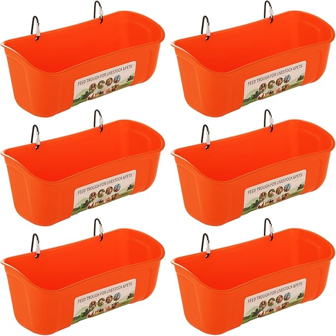 6 Pack Hanging Chicken Feeder Trough, Duck Feeder for Outside with Clips, Water Trough for Duck Goose Goat Pig Deer, Durable Poultry Feeding Water Container, Orange