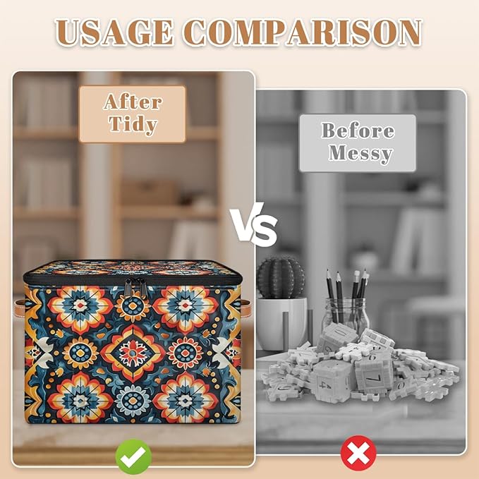 Retro Boho Ethnic Storage Bins with Zipper Lid Fabric Storage Containers for Clothes Collapsible Closet Storage Basket with Metal Frame 2 Pack