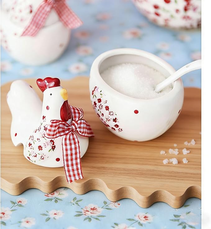 Chicken and Flower Pattern Ceramic, Rooster Shape Sugar Jar with Lid and Spoon, Rural Easter Kitchen Decor for Food Storage, Spring Farmhouse Countertop Container (1 Pc)