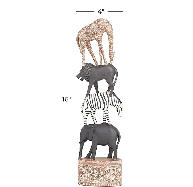 Deco 79 Polystone Safari Animals Decorative Sculpture Home Decor Statue, Accent Figurine 4" x 3" x 16", Multi Colored