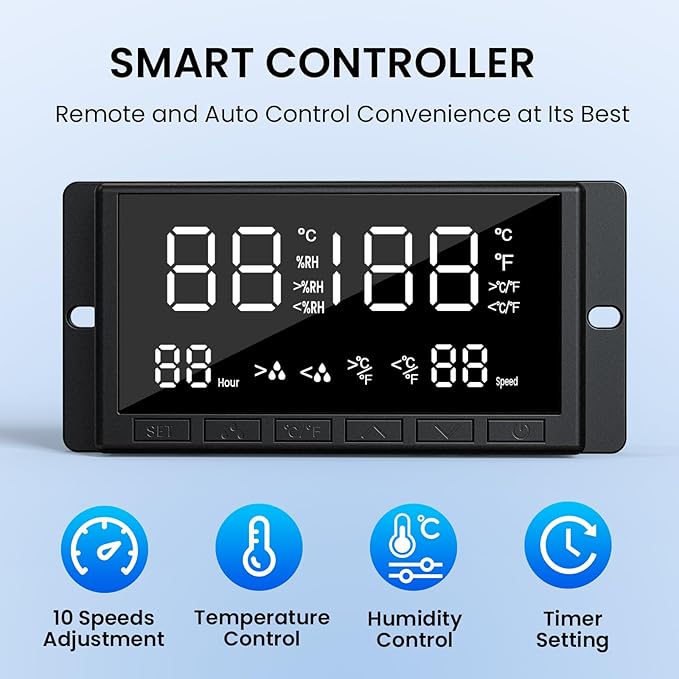 10" Wall Mounted Shutter Exhaust Fan, Attic Fan with Thermostat Humidity Controller, 10-Speed Adjustable, 820 CFM, Automatic Shutter, Vent Fan for Greenhouses, Garages, Shop, Chicken Coops