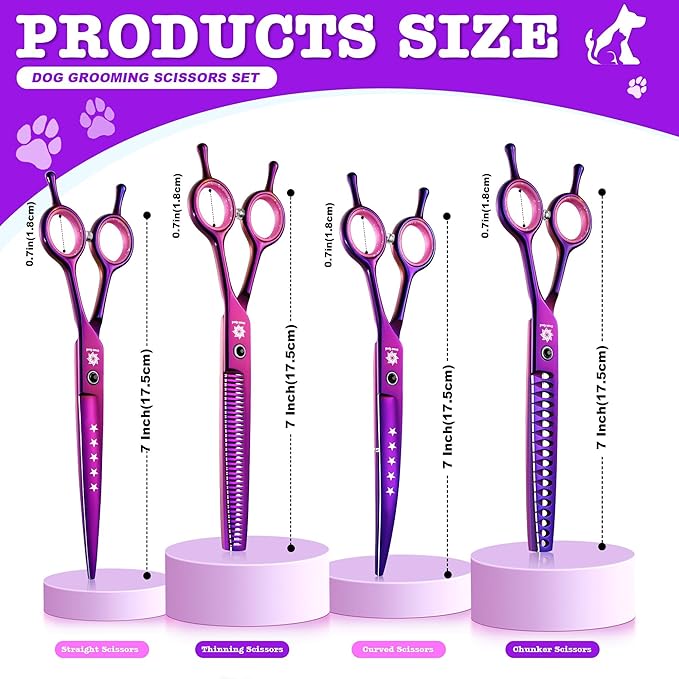 Dream Reach Dog Grooming Scissors - 7" Professional 6 in 1 Pet Scissors Sharp and Durable Shears Set Thinning, Chunker, Straight, Curved Shears and Comb for Dog Cat Pets, Purple