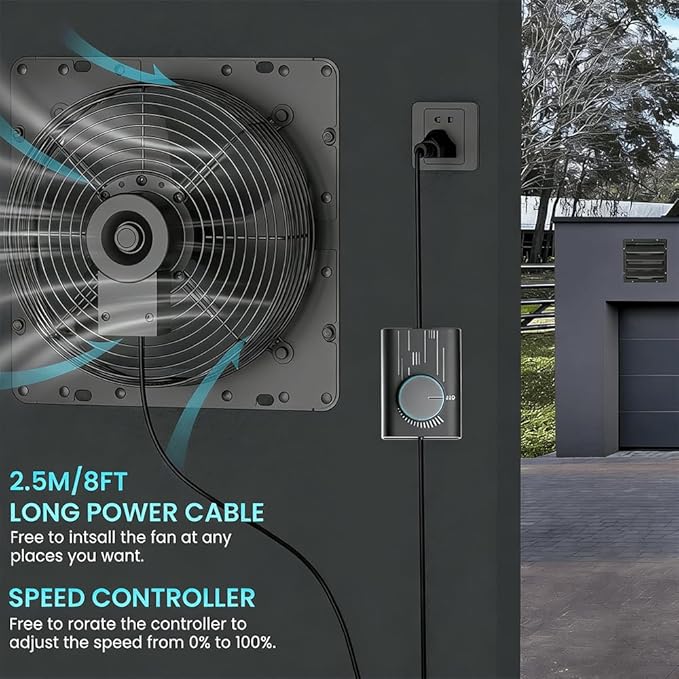 HG Power 12 Inch Shutter Exhaust Fan with Speed Controller, 764CFM High-Speed Vent Fan, 1400RPM Wall Mounted Attic Fan for Shed, Garage, Greenhouse Ventilation, Black