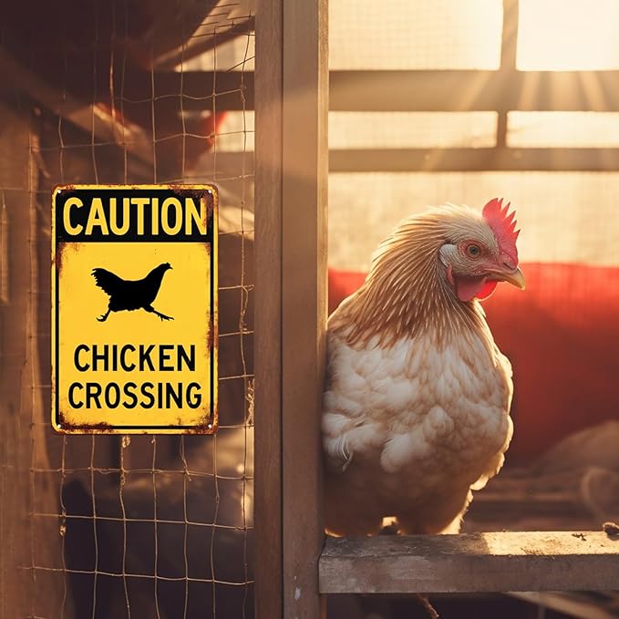 Caution Chicken Crossing Funny Warning Tin Sign Funny Farmhouse Security Warning Sign Vintage Metal Wall Decor Novelty Farmhouse Chicken Coop Decor 8x12 Inch