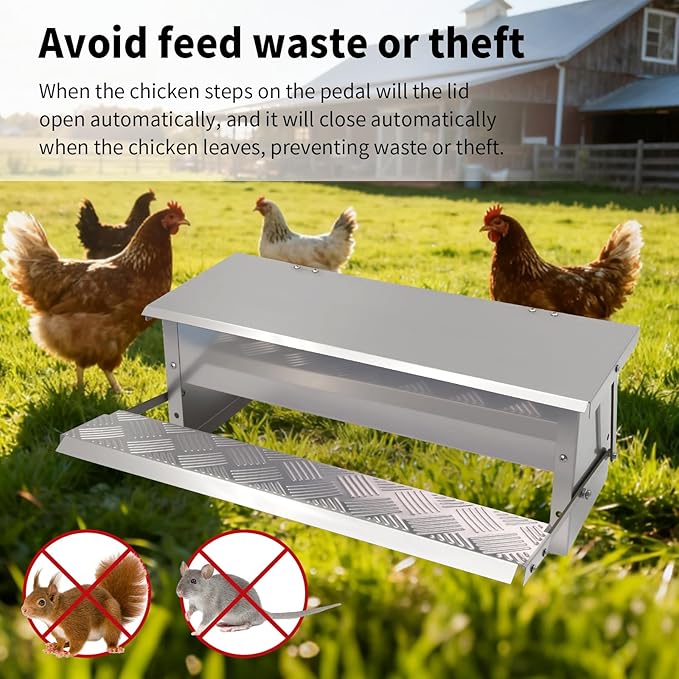 Automatic Chicken Feeder No Waste Large Poultry Stainless Steel with Weatherproof Lid Treadle Rat Proof Chicken Feeder Trough for Chicken Duck Gravity Food Dispenser