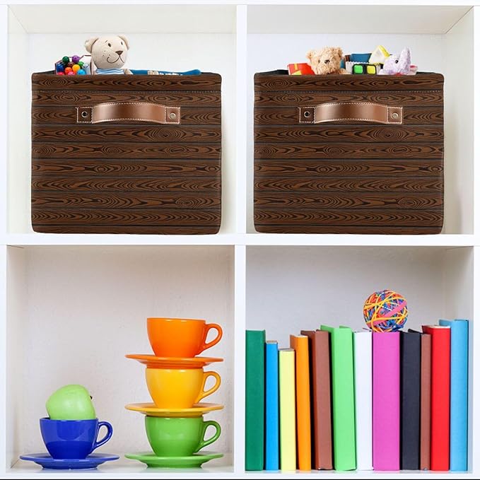 Rustic Grain Storage Bins Collapsible Storage Basket with Metal Frame, Fabric Shelves Bins Closet Baskets with Handles, 2-Pack