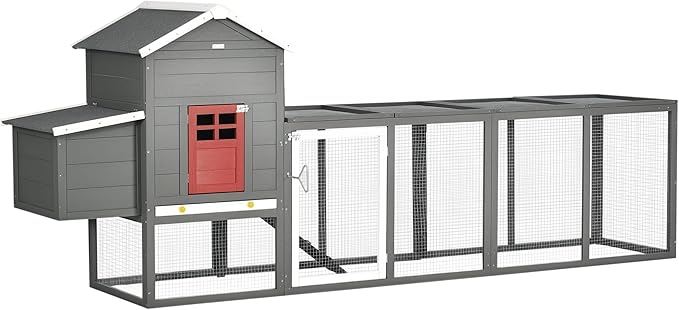 PawHut 118" Extra Large Chicken Coop with Asphalt Roof, Wooden Hen Run with Slide-Out Tray and Nesting Box, Chicken Hutch for 3-6 Chickens, Gray