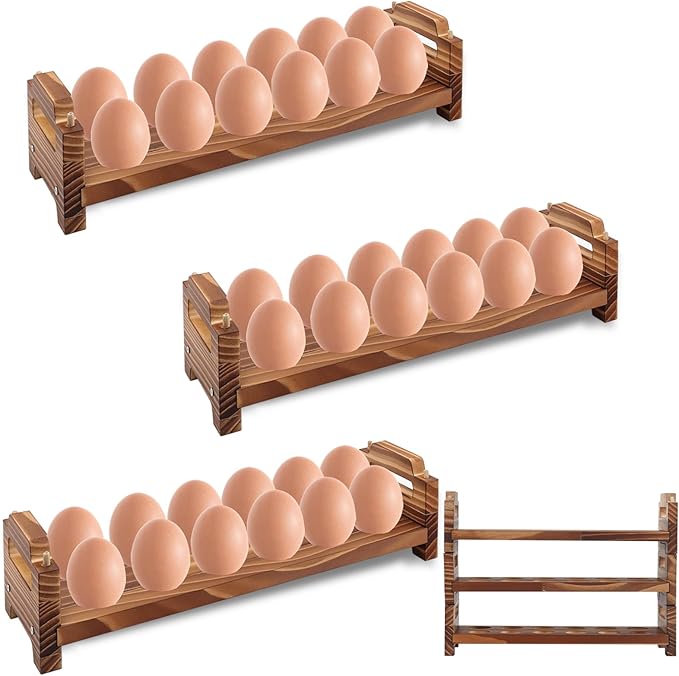 Wooden Egg Holder Countertop, 3 Layer Stackable Fresh Egg Display Storage Rack Organizer Farmhouse Egg Storage Basket with Handles Fits Duck, Turkey, Chicken Eggs