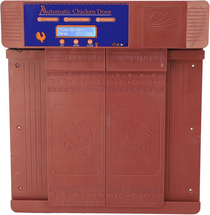 Automatic Chicken Coop Door Opener, Intelligent Double Open with Timer LED Display Solar Powered, with Anti Pinch Function, for Chickens Ducks Geese Poultry (Bronze)
