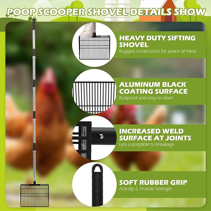 EXPAWLORER Large Chicken Poop Scooper, Adjustable Pet Coop Rake with Stainless Steel Long Handle, Heavy Duty Litter Sifting Sand Sifter Shovel Cleaning Tool Cat Chicken Coop Accessories (22"-68")