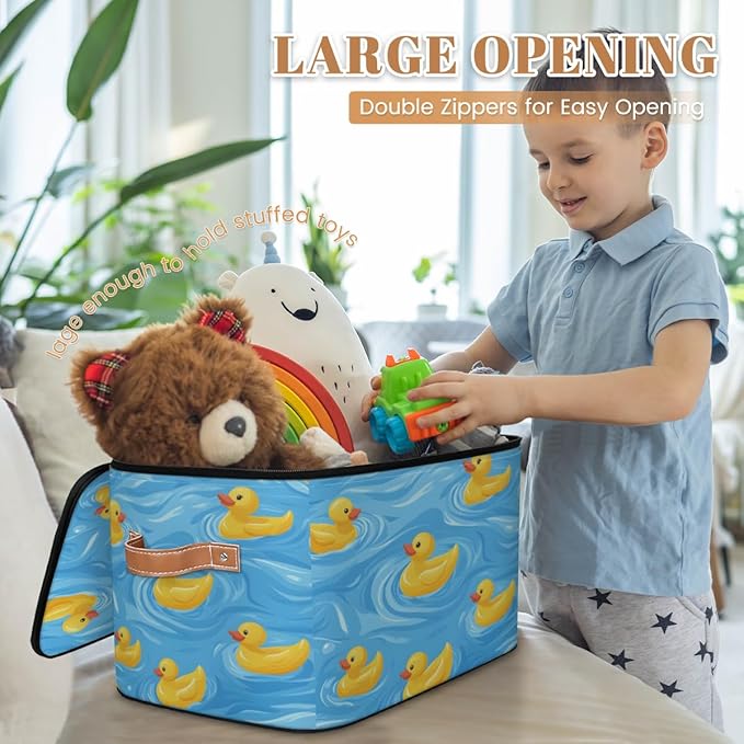 Cartoon Duck Storage Bins with Zipper Lid, Rubber Duck Lidded Storage Baskets Boxes Foldable Organizer with Leather Handles for Clothes Closet Shelf
