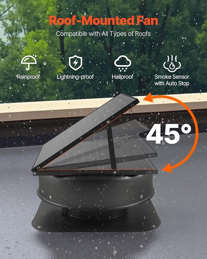 VEVOR 42W Solar Attic Fan, 2800 CFM Smart Roof Vent Built-in Temperature Sensors with Remote Control, Low-Noise & Weatherproof for Attic, Garage, RV Ventilation