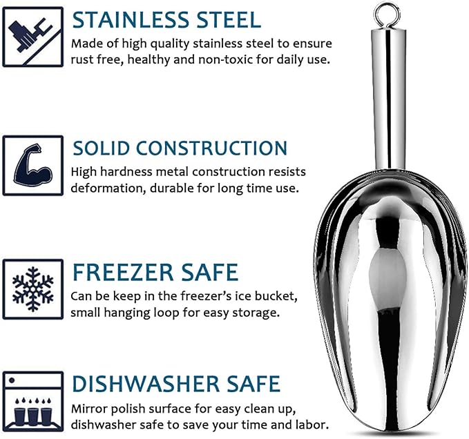 12 Ounce Ice Scoop Set of 2, E-far Stainless Steel Scoops for Ice Cube/Candy/Flour/Sugar, Metal Utility Scoops for Party, Baking, Kitchen Pantry, Rust Free & Dishwasher Safe