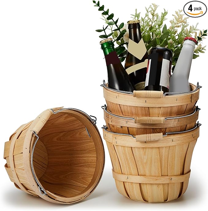Tatuo 4 Pcs Round Wooden Apple Baskets Wood Fruit Buckets with Handle Fall Harvest Basket Portable Bushel for Market Vegetables Garden Home Party Supplies Easter Gifts (Wood)