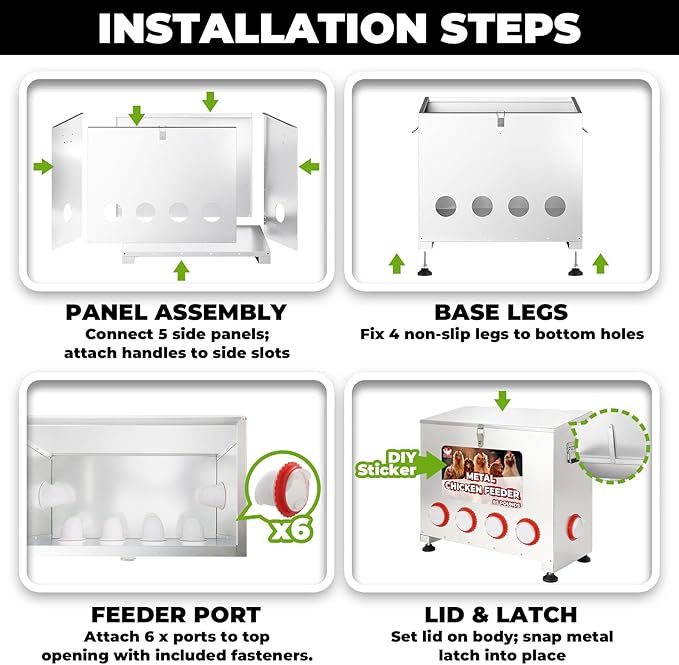 85 lbs 6-Port Galvanized Chicken Feeder No Waste with Locking Lid&Riveted Handles,Adjustable Height,Large Capacity Rainproof Automatic Chicken Feeders for Chickens, Poultry Coop,Silver