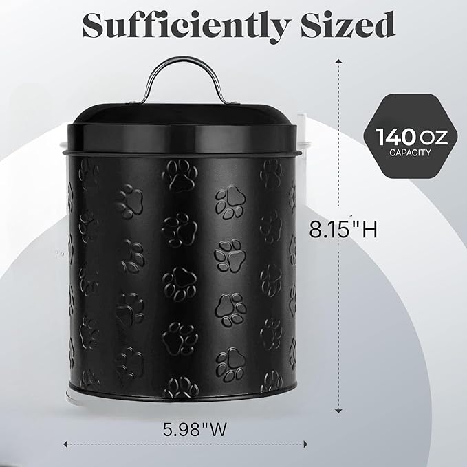 Amici Pet Puppy Paws Black Metal Canister with Embossed Paw Design - Large 140 oz Airtight Food Storage Jar for Wet or Dry Pet Foods - (8" H x 6" W) BPA Free Container for Organization