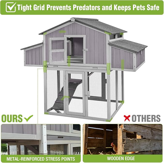 GUTINNEEN Large Foldable Chicken Coop Wooden with Nesting Boxes, Two-Tier Chicken House with Run, PVC-Covered Nest Box, Easy Clean Tray, Predator-Proof Outdoor Poultry Cage for 4–6 Chickens