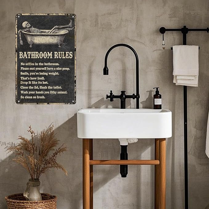 Funny Skull Bathroom Rules Metal Tin Sign Wall Decor - Vintage Bathroom Quote Tin Sign for Toilet Restroom Washroom Home Decor 12x8 Inch