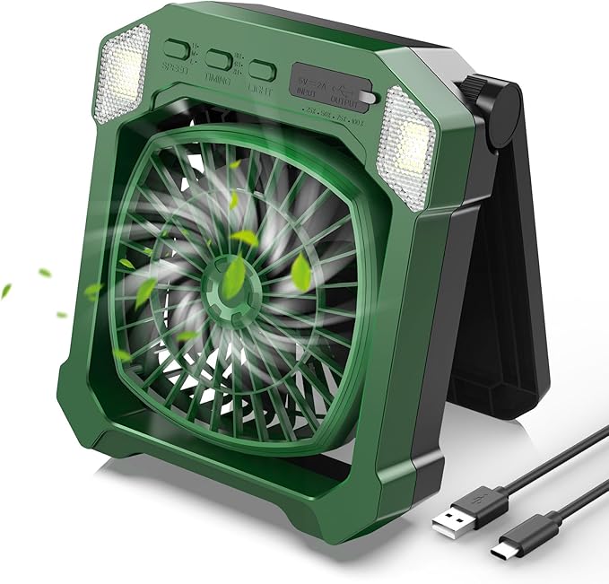 Camping Fan Battery Powered & Solar Powered, Portable Solar Fan 10000mAh Rechargeable Outdoor Fans with Light, Quiet Cordless Fans for Tent, RV, Emergency, Hiking, Power Outage, Desk, Survival Kit