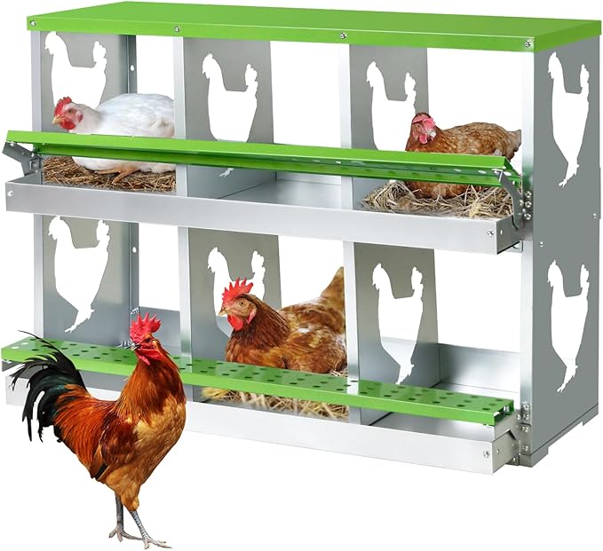 Chicken Nesting Box,Heavy Duty Metal Nest Boxes,6 Hole Roll Away Nesting Boxes,with Large Vented Holes,Wall-Mountable Chicken Coop Nesting Boxes,for Chickens,Ducks,Large Egg Boxes (Green 6 Hole)