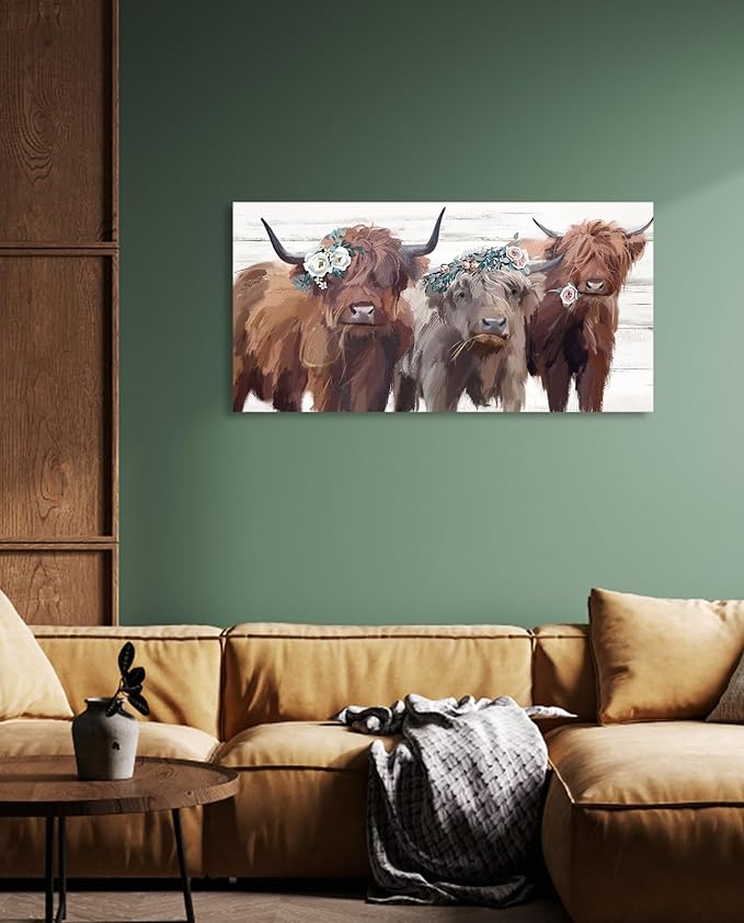 Highland Cow Canvas Wall Art: Cow Floral Picture Farmhouse Kitchen Decor Funny Animal Long Haired Scottish Cow Paintings Framed Rustic Country Wall Decor for Living Room Bedroom 20" x 40"