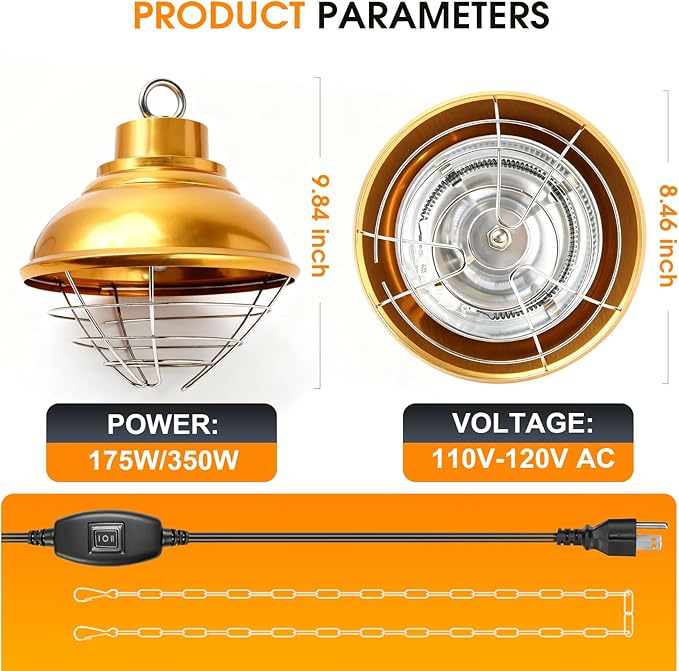 Chicken Heat Lamp,350W Chicken Coop Heater with Carbon Fiber Bulb, Two-Temperature Adjustable and 5.2FT Thickened Power Cord,Winter Hanging Heat Lamp for Chicks,Pets and Poultry