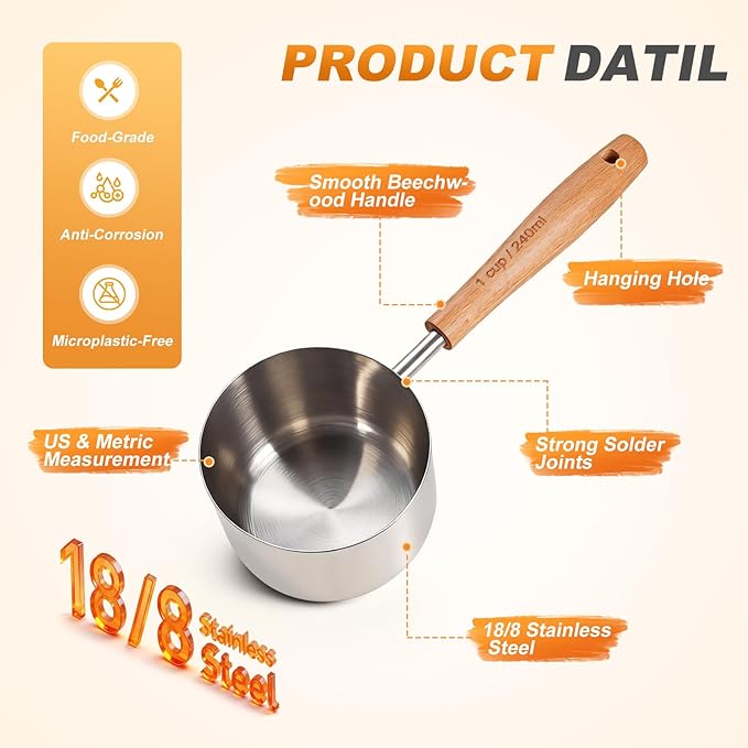 1PCS 2Cup(480ml | 16oz) Dog Cat Food Scoop, 18/8(304) Stainless Steel Measuring Cup with Wooden Handle, Etched Measurements Inside, BPA Free Portion Control for Pets & Kitchen Use