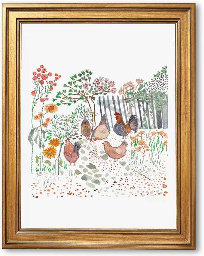 Framed Cottagecore Chicken Wall Art Painting Farmhouse Hens Print Rustic Country Farm Illustration Picture Poster Vintage Pastoral Canvas Artwork Aesthetic Cottage Home Kitchen Room Decor 12x16inch