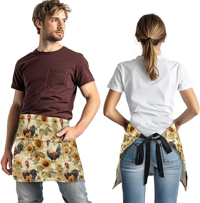 Waist Apron with 3 Pockets Waterproof 13 Inch Short Half Waist Aprons Women Men Server Aprons Waitress Waiter Apron