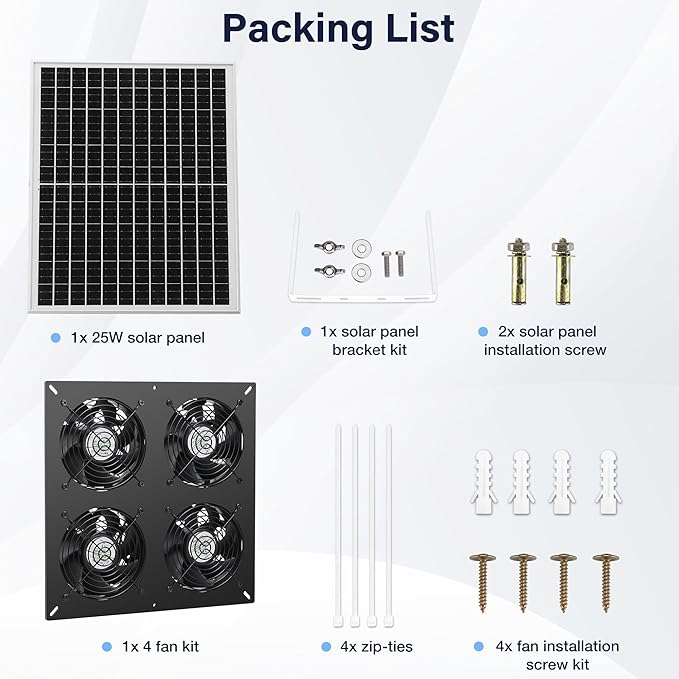 Solar 4 Fan Kit, Waterproofed Solar Powered Fans for Outdoor Chicken Coop, Greenhouse & Shed Intake or Exhaust Air