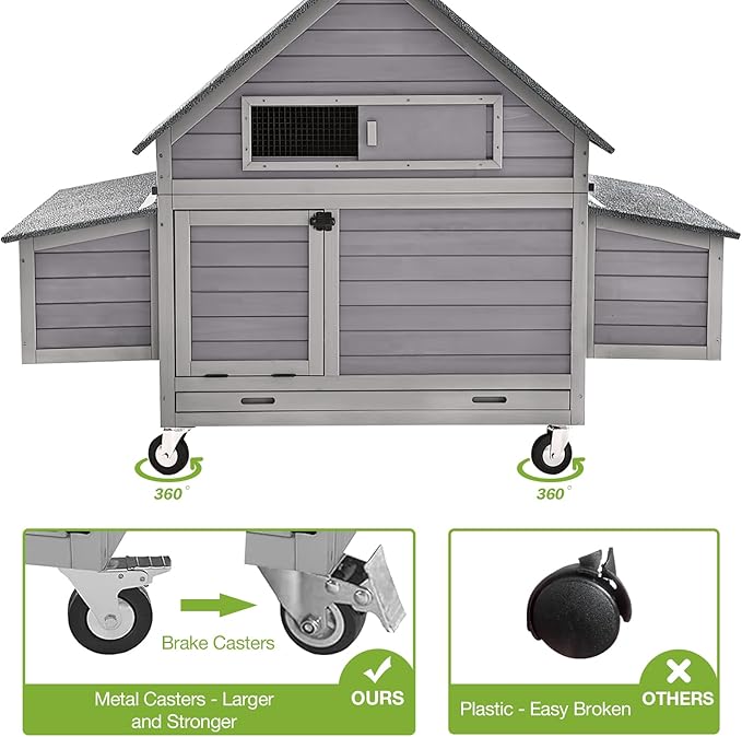 GUTINNEEN Chicken Coop with Wheels Outdoor Mobile Hen House Portable Wooden Poultry Cage with Nesting Box,Waterproof Asphalt Roof