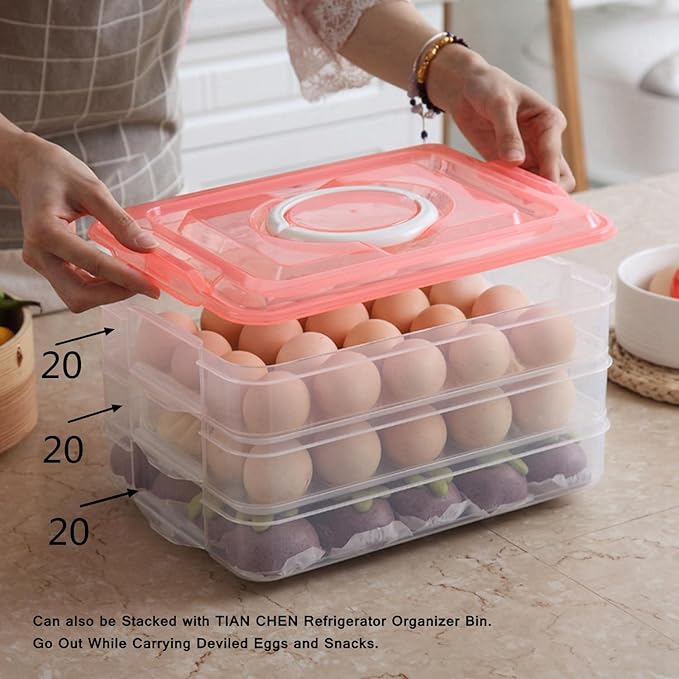 Egg Storage Container for Refrigerator, 3-Layer Deviled Egg Tray, Stackable Fridge Egg Organizer with Lid and Handle, Extra Large Holder, 60 Count Eggs Keeper (red 3 layer)