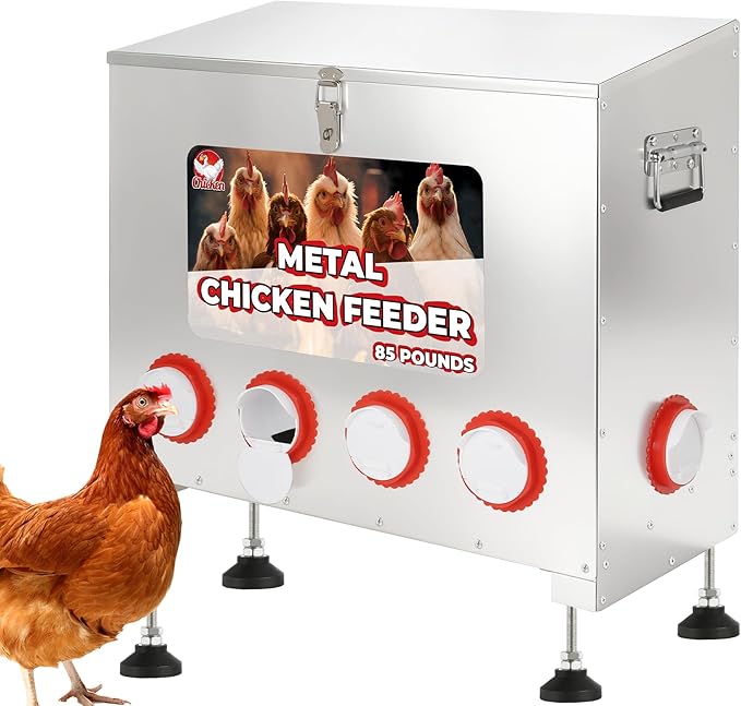 85 lbs 6-Port Galvanized Chicken Feeder No Waste with Locking Lid&Riveted Handles,Adjustable Height,Large Capacity Rainproof Automatic Chicken Feeders for Chickens, Poultry Coop,Silver