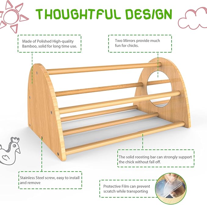 Bamboo Chicken Perch with Mirror, Strong Roosting Bar for coop and brooder, Training Perch for Large Bird, Hens, Parrots, Macaw, Easy to Assemble and Clean, Fun Toys for Chicken