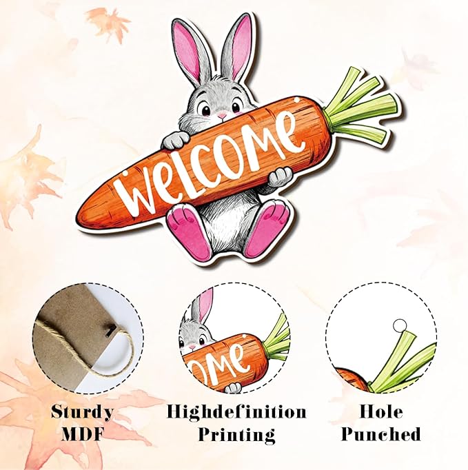 Farmhouse Decor Rustic Welcome Sign, Bunny Welcome Carrot Sign, Easter Bunny Decorations, Watercolor Farm Animal Wall Art Painting Style, Cute Spring Door Sign for Porch or Entryway, 11.8x9 Inches