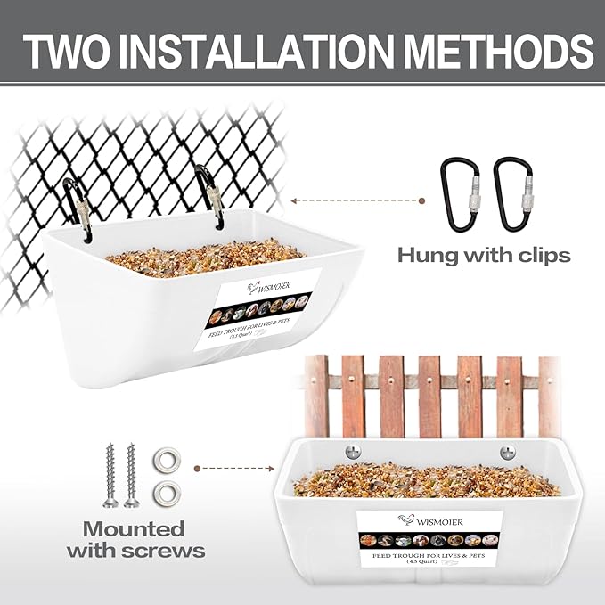 2 Pack Chicken Feeder Trough with Clips Fence Hanging Goat Feeders Hanging Feeders for Livestock,Horse Chicken Deer Goose,Pig Chicken Feed Trough Bucket Feeding Container
