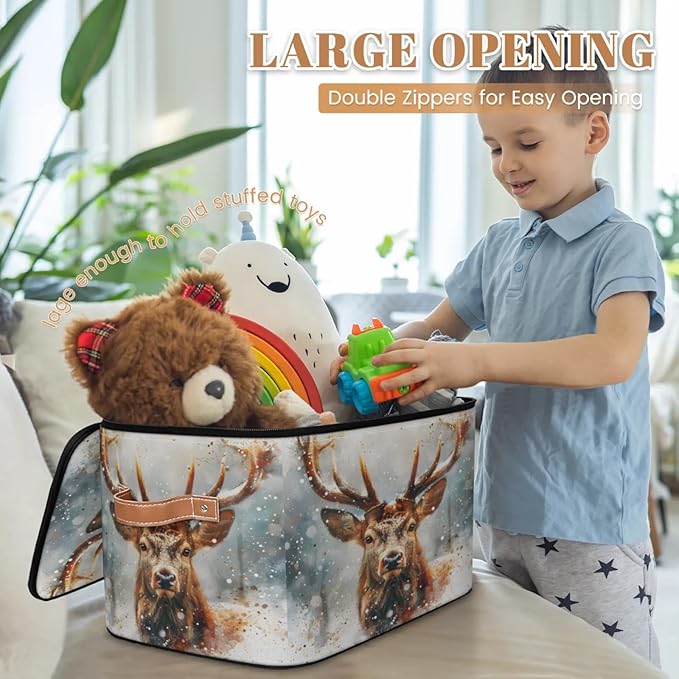 Storage Cubes with Lid Fabric Storage Bins Boxes PU Leather Handles, Elk Moose Wild Animals Closet Organizer Container Foldable Washable Shelf Cloth Basket, Christmas Day