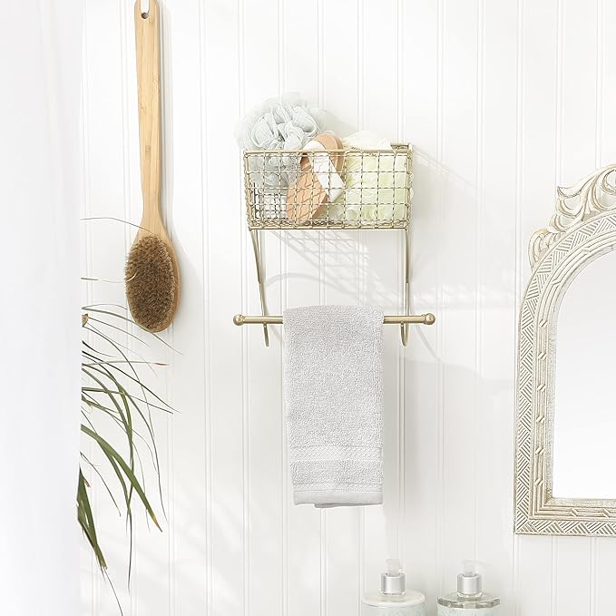 DII Rustic Farmhouse Bathroom Décor, Metal Storage, Small Towel Bar, Gold
