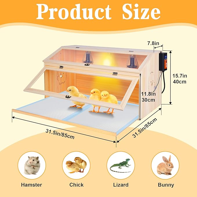 Large Drawers Brooder Box for Chicks, 32”L X 18”W X 16”H Chicken Nesting Box with Heat Lamp, Thermostat, Pet Diaper, Feeder, Waterer for Quails, Bunnies, Hamsters, Lizards