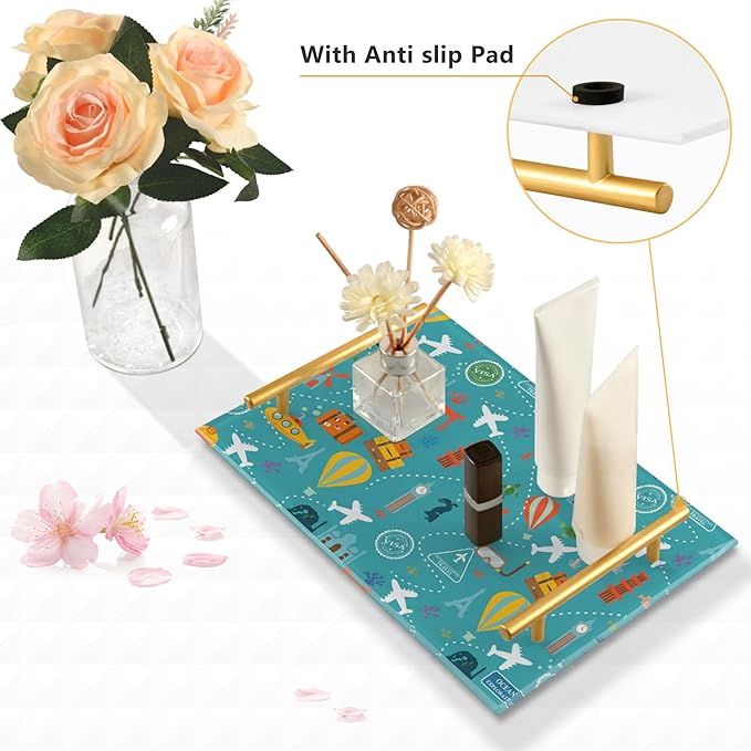 Bathroom Vanity Tray Counter Organizer, Ocean Exploration Travel Pattern Decorative Tray with Handles Countertop Storage for Bathroom Bedroom Kitchen Home Farmhouse