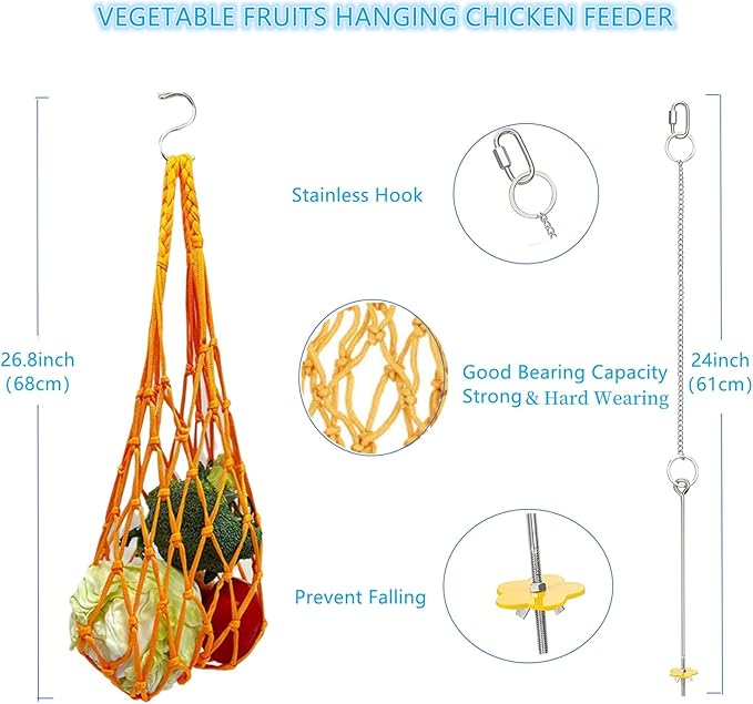 Longer Chain Chicken Toys for Coop Accessories 7PCS, Chicken Swing Ladder Perch roosts, Chicken Xylophone Mirror with Bells Vegetable Fruits Hanging Chicken Feeder for hens Bird Parrot