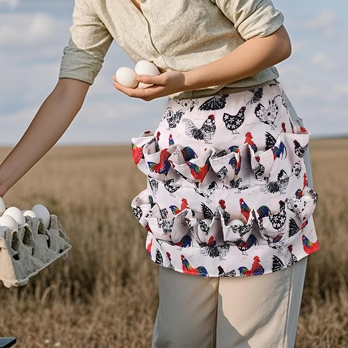 Canvas Egg Collecting Apron with 12 Deep Pockets - Hands-Free Egg Holder for Chicken, Duck, Goose Eggs - Farmhouse Kitchen Apron for Men and Women