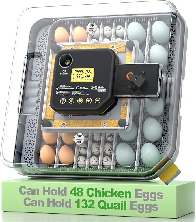 Egg Incubator for Hatching 48-132 Chicken/Quail/Turkey Eggs, 360° View Poultry Incubators with Automatic Egg Turning/Humidity Control&Alarm/Auto Water Adding/Adjustable Tray, for Beginner/Farm/Home